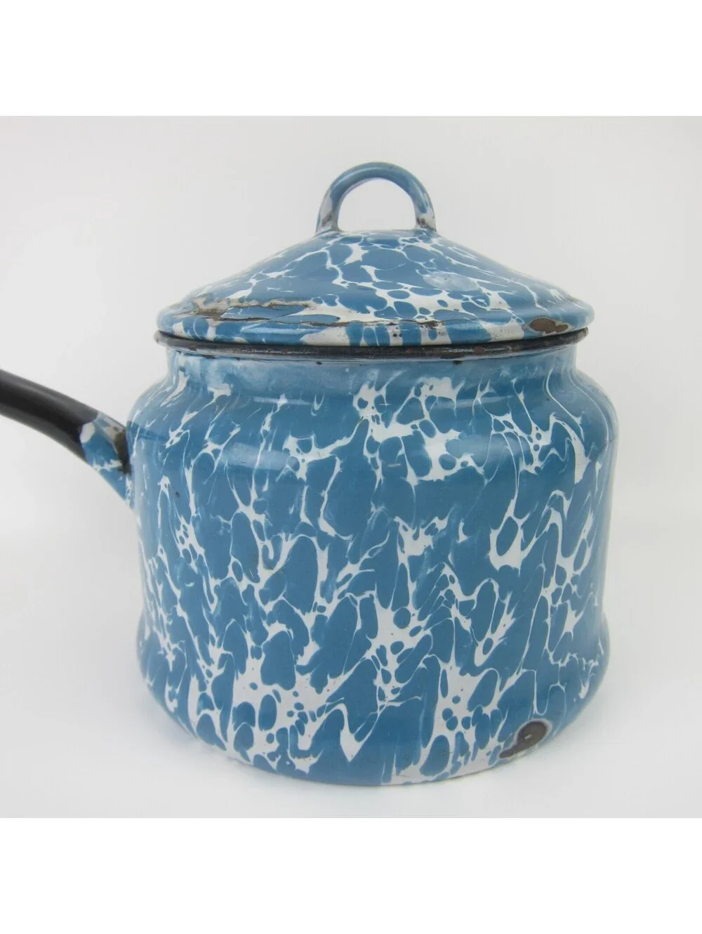Antique Graniteware Enamelware Pot Blue & White Swirl with Lid Preserving Kettle